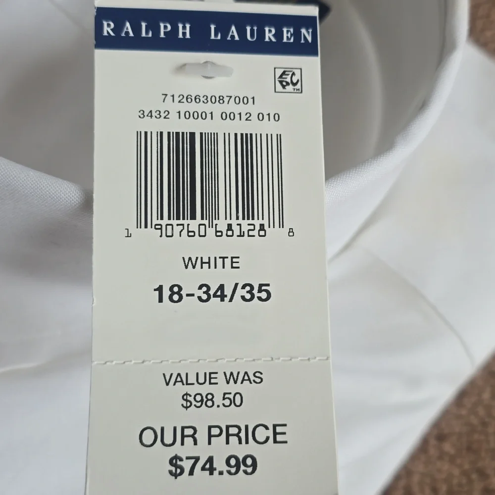 Ralph Laurn, Non-iron, 18-34/35 White Button Down Mens Shirt - Picture 5 of 5